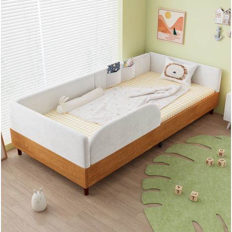 Cama infantil tapizada con 2 bolsillos blanca OKMYHOME (1/5)