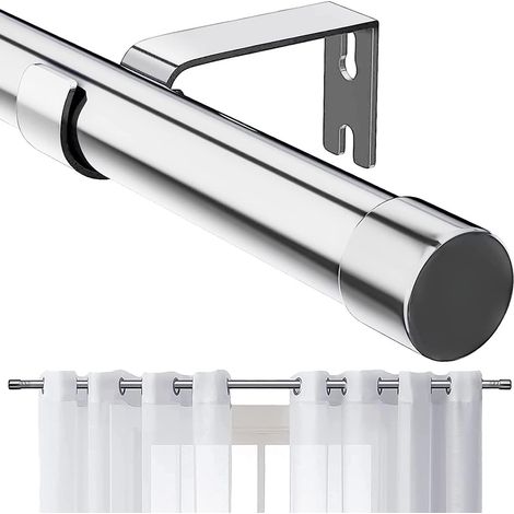 Tringle à Rideaux, 76-340 cm Tringle à Rideau Extensible avec Boutons Cap avec Supports Ensemble de Quincaillerie en Acier Inoxydable Réglable - 16mm de Diamètre Fenêtre Décorative pour Salon/Argent (1/5)