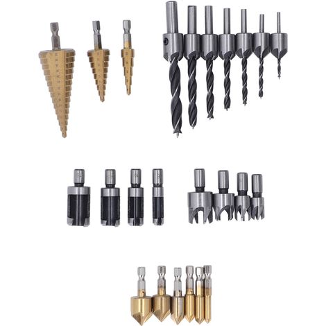 Jeu de 26 outils de menuiserie pour fraisage et perçage : 6 forets à fraiser, 7 fraises trois points avec clé en L, 8 emporte-pièces à chevilles en bois, 3 forets étagés et un pointeau automatique. (1/5)