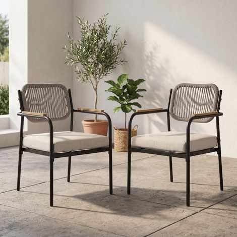 Wahson Modern Outdoor Dining Chairs Set of 2, Stylish Rope Weave Garden Chairs with Wood Armrests, Removable Cushions, and Durable Splash-resistant Fabric, Beige (1/5)