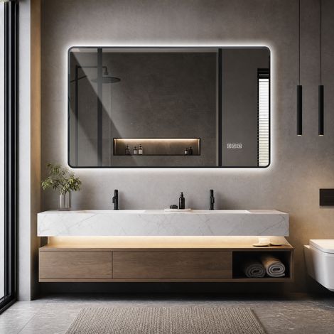 Miroir salle de bain LED 60x100 cm, cadre aluminium noir, 3 couleurs, antibuée, IP44 (1/5)