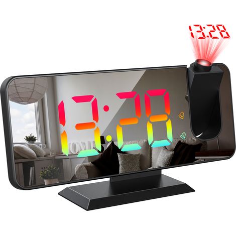 Reloj despertador con proyector digital y proyección de techo de 180° - Alarma RGB dual para dormitorio (1/5)