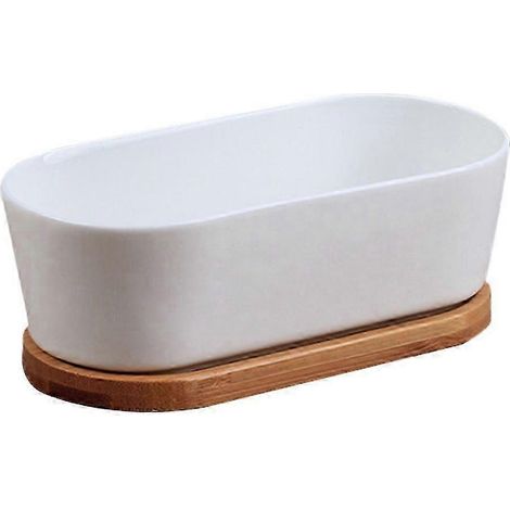 Deux pots en céramique de haute qualité pour plantes succulentes/cactus, avec plateaux en bambou. (1/5)