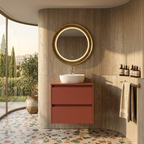 Mobile Bagno Sospeso 60 cm con 2 Cassetti e lavabo appoggio Rosso Satinato – Linea