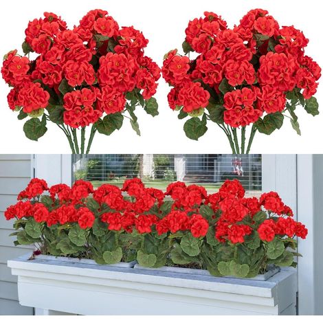 4 Bouquets Géranium, Faux Rouge, Plastique Durable, Tiges Flexibles, Décoration Extérieur Intérieur (1/5)