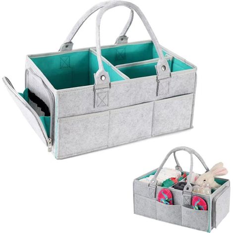 Grauer Filz-Babywindel-Aufbewahrungskorb 33 × 23 × 18 cm Türkisfarbenes Innenfutter mit seitlicher Reißverschlusstasche und mehreren Taschen (1/5)