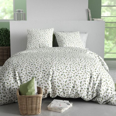 Parure housse de couette 260x240cm + 2 taies motif petites feuilles blanc et vert 100% coton - LAZARE (1/4)