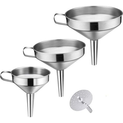 Juego de embudos de acero inoxidable de 3 piezas, para transferir líquidos, ingredientes secos y polvos, Color: Plata (1/5)