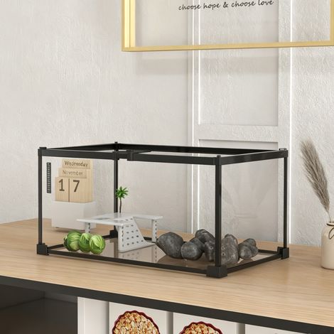 Aquarium pour Tortues avec Plateforme de Repos, Couvercle Coulissant en Filet, Thermomètre, 50x30x25cm, Blanc (1/5)