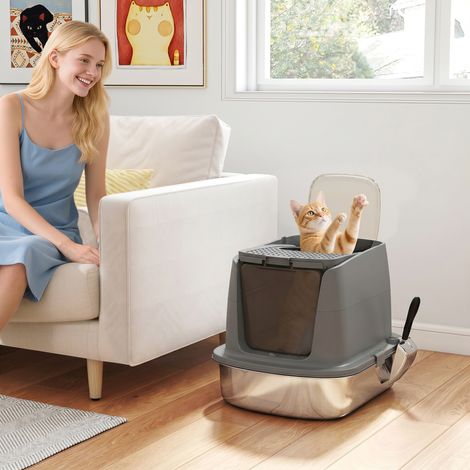 Grand bac à litière pour chat en acier inoxydable, avec bac fermé, pelle en métal et sac désodorisant, gris foncé (1/5)