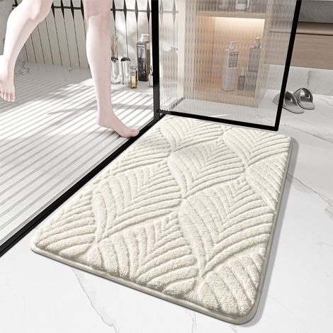 Tapis de porte et de salle de bain absorbant 50×80 cm couleur blanc crème, motif feuillage jacquard en velours doux en polyester, antidérapant, lavable à la main (1/4)