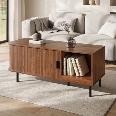 Table basse fixe 110x40x55 cm en bois et métal noyer, avec rangement pour salon FloraGrace (1/5)