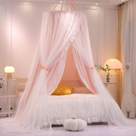 Baldaquin en Dôme Rond à Double Couche pour Princesse Tente de Lit pour Filles Moustiquaire de Rêve Décoration Mignonne pour Chambre à Coucher Château de Jeu Coin Lecture(Rose/Blanc) (1/5)