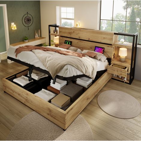 Lit double industriel 160x200 cm avec tête de lit rangement, 2 tiroirs, USB et Type-C, structure MDF et métal, chêne (1/5)