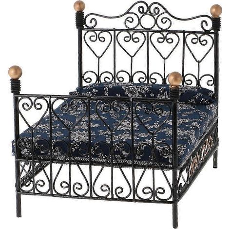 Lit miniature en métal avec matelas, accessoire de chambre à coucher, pour maison de poupée à l'échelle 1:12, noir. (1/5)