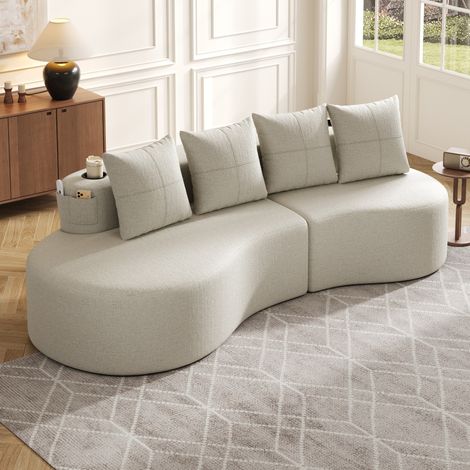 Divano in lino beige con 4 cuscini, portabicchieri e tasche laterali, 240x109x63 cm (1/5)