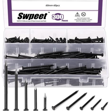 Kit d'assortiment de 300 clous en 5 tailles 3/4" 1-1/4" 1-3/5" 2" 2-3/8" en acier, clous noirs pour matériel, clous galvanisés, petits clous, clous de finition, clous pour murs, clous pour bois (1/5)