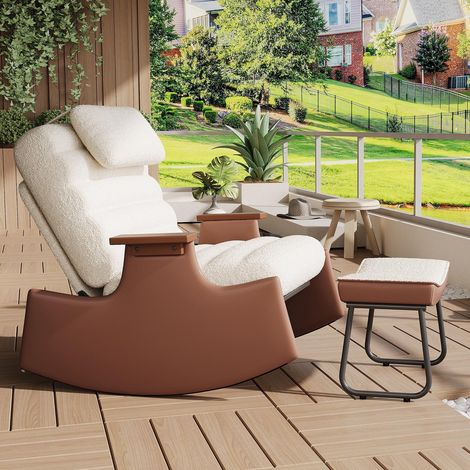 Fauteuil à Bascule avec Repose-pieds - Chaise Berçante Réglable avec Appui-tête & Rembourrage Épais - Velours Côtelé, PU & Métal - Beige