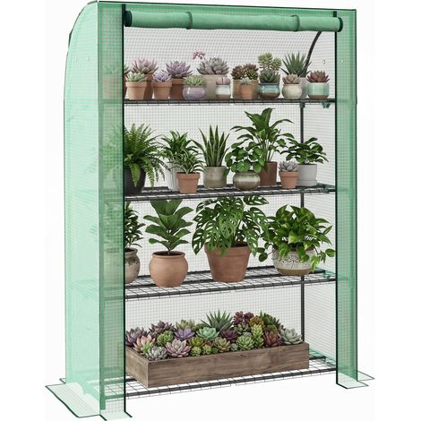 Mini serra 4 ripiani 170x120x50 cm, copertura PE rinforzata, porta a rotolo, verde