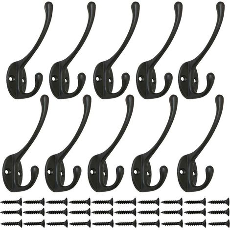 Lot de 10 crochets de penderie vintage noirs, crochets muraux en métal avec 25 vis pour portes, cuisine, salle de bain (noir)