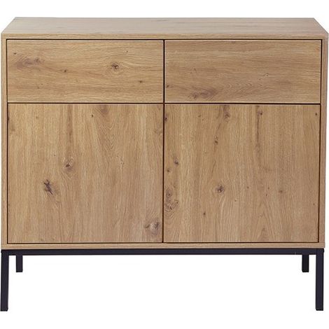 Calicosy – Buffet 2 portes 2 tiroirs décor chêne L90 x l40 x H80 cm – Panneaux de particules FSC – Ouverture sans poignée push/pull (1/5)
