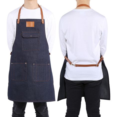 Jeansschürze mit Lederriemen, geeignet für Köche, Barkeeper, Grillmeister und mehr. Robuste und professionelle Arbeitsschürze. (1/5)