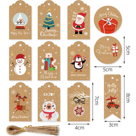 Cartons d'étiquettes de Noël en papier kraft, lot de 48 pièces avec 50 cordes en chanvre nature (1/2)