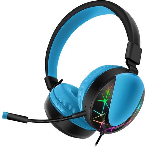 Écouteurs filaires AKZ-021, rétroéclairage RGB, bobine mobile rétractable, bleus, pour jeux, musique et sport (1/3)