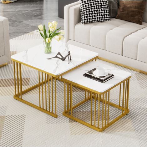 Lot de 2 tables basses gigognes carrées 60 et 45 cm, MDF blanc effet marbre, pieds dorés HAVRYA (1/5)