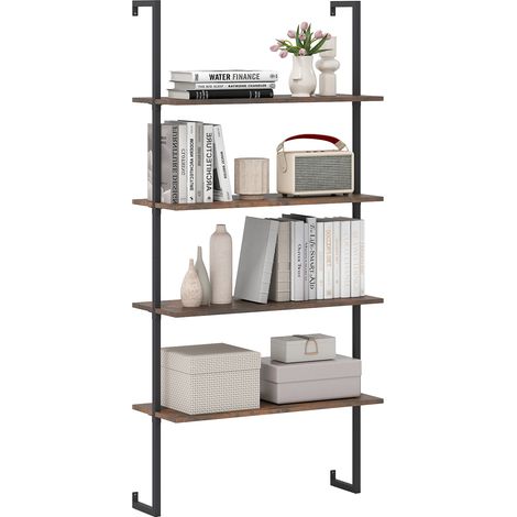 COSTWAY Floating Storage Shelves 4-Tier Wall-Mounted Ladder Bookcase Brown (1/5)