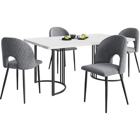 Ensemble salle à manger (5 pièces) - Table 140x80cm MDF blanc pieds noirs + 4 chaises velours gris motif losange (1/5)