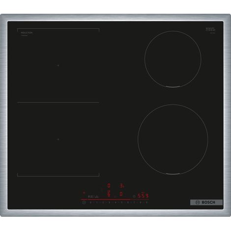 Bosch – Piano de cuisson induction 4 foyers 60 cm PVS645HB1E – Puissance 6900 W – Finition verre et inox – Contrôle tactile