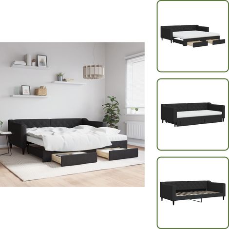 The Living Store Tagesbett Ausziehbar mit Schubladen Schwarz 90x190 cm Stoff - Schlafsofa (1/5)