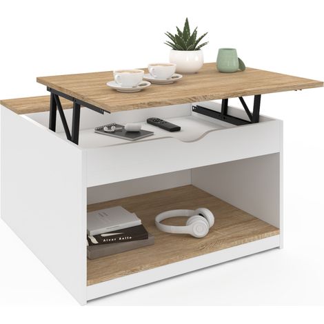Idmarket – Table basse relevable carrée avec coffre en bois blanc – Dimensions 70x70x42cm – Mécanisme en acier laqué époxy – Rangement discret