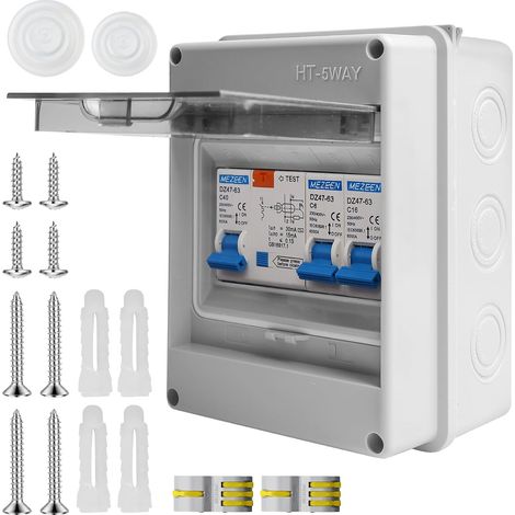 Boîte à fusibles en saillie - Étanche IP65 - Boîtier de distribution en saillie - Petit distributeur avec 1 rangée pour 5 modules - Disjoncteur AC 16 A + 160 A - Pour la maison, le bureau, le jardin (1/5)