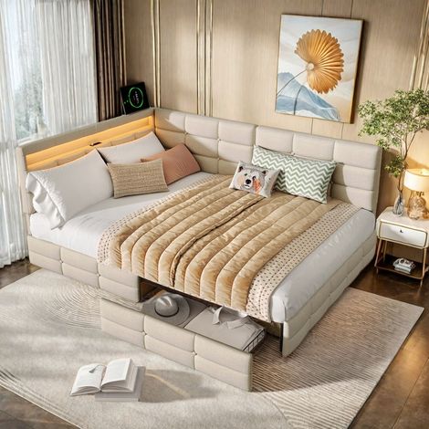 Canapé-lit adulte avec 2 tiroirs 140 x 200 cm–Lit coffre pour simple–Sommier à lattes–Ports USB et Type-C–Bande lumineuse LED–Lin beige–Salon/chambre