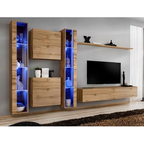 Meuble TV Mural Design "Switch XVI" 330cm Naturel (1/4)