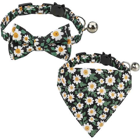Collier pour animaux de compagnie à motif floral, nœud papillon élégant, sangles réglables en pur coton de qualité supérieure pour chats et chiens de petite, moyenne et grande taille (2 pièces) (1/4)