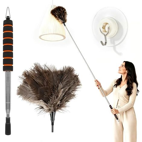 Plumeau télescopique en plumes d'autruche avec manche télescopique de 155 cm, lavable avec un crochet en acier inoxydable rotatif à 360° pour plafonds, lampes et meubles