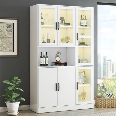 Vitrine mit 6 Türen, 1 Offenem Fach, 4 Verstellbaren Einlegeböden und LED, für Wohnzimmer, MDF, 120 x 40 x 200 cm