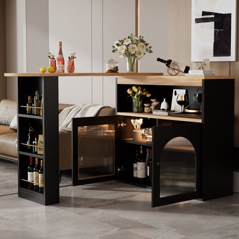 Meuble bar, Table de bar avec plusieurs compartiments ouverts et portes vitrées, bande lumineuse LED à couleur changeante, table de bar extensible, 138-193 x 39 x 105 cm, Noir (1/5)