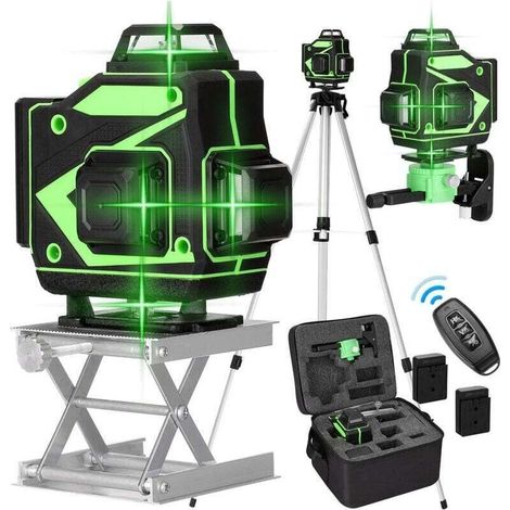 Niveau laser 16 lignes 3° auto-nivelant – Lumière verte 532 nm – Précision ±0,2 mm/10 m – Avec trépied réglable et 2 batteries 2400 mAh