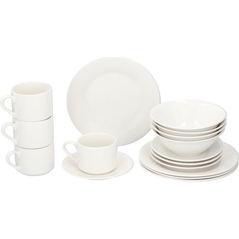 Assiettes Service de Table 4 Personnes - Service d'Assiettes et Bols en Faïence - Assiettes Plates, Bols et Tasse a Cafe - Passe au Micro-Ondes et au Lave-Vaisselle - Blanc (1/5)