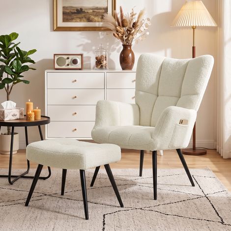 Fauteuil salon repose-pieds capitonné peluche teddy, dossier haut poches latérales beige, moelleux (1/5)