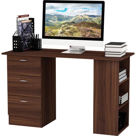 Computertisch 120 x 50 cm mit Regalen und Schubladen, HOMCOM, Computertisch aus Walnussholz für kleine Räume, Schlafzimmer
