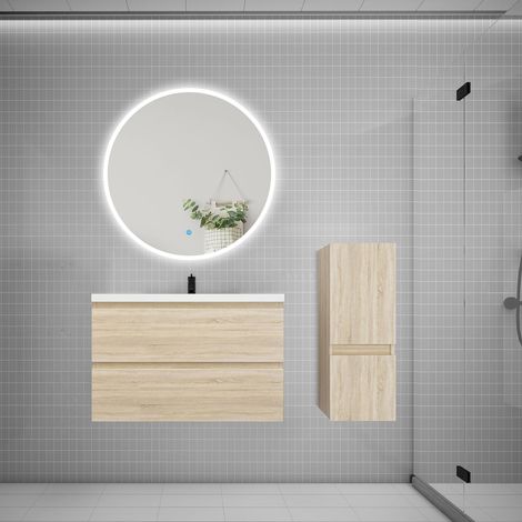 Ensemble meuble vasque L.79cm 2 tiroirs + lavabo + LED miroir rond 90cm + colonne,chêne