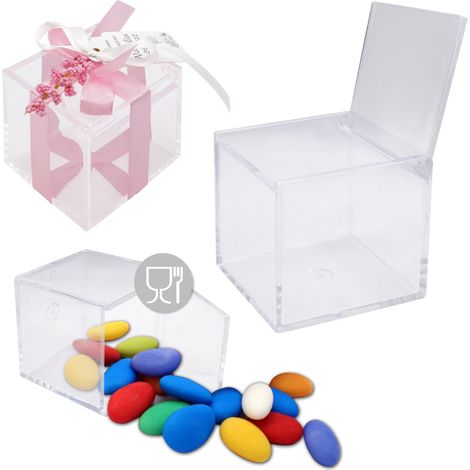 Lot de 12 boîtes Transparentes avec Couvercle Porte-dragées, 6 x 6 x 6 cm – Cube en Plastique plexiglas, boîtes pour bonbonnière, Communion, Confirmation, Mariage, baptême (Lot de 12) (1/5)