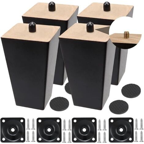 Pair 4 Pcs Pieds De Meuble en Bois 15cm,Pieds de Table en Bois Massif,Pieds de Meubles de Remplacement pour Chaises,Tables,Placards (10, Noir, carré) (1/5)