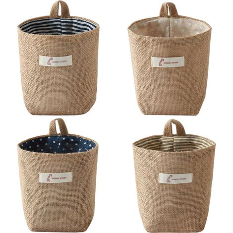 Lot de 4 sacs de rangement pliable Petit - Panier de rangement mural - en coton et lin panier de rangement suspendus avec poignée de transport (1/5)