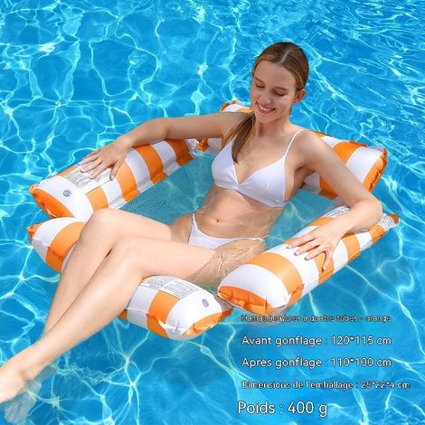 Hamac flottant gonflable style tropical pour piscine, chaise longue de piscine à quatre poteaux avec porte-gobelet, lit flottant portable - Hamac rayé orange à quatre poteaux (gonfleur inclus)